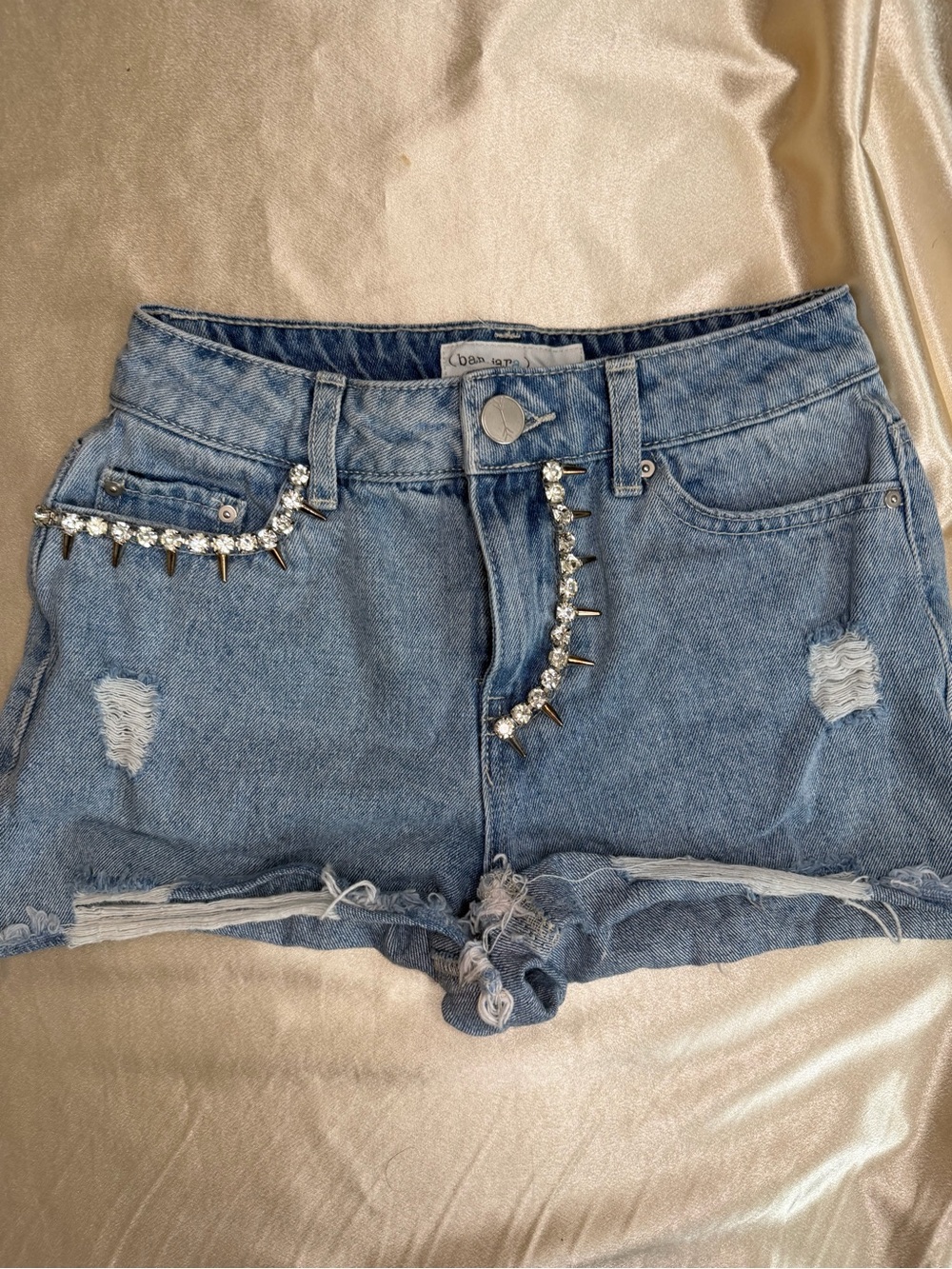 Banjara Rhinestone Spike Embellished Distressed Denim Jean Shorts 0/23 Cotton